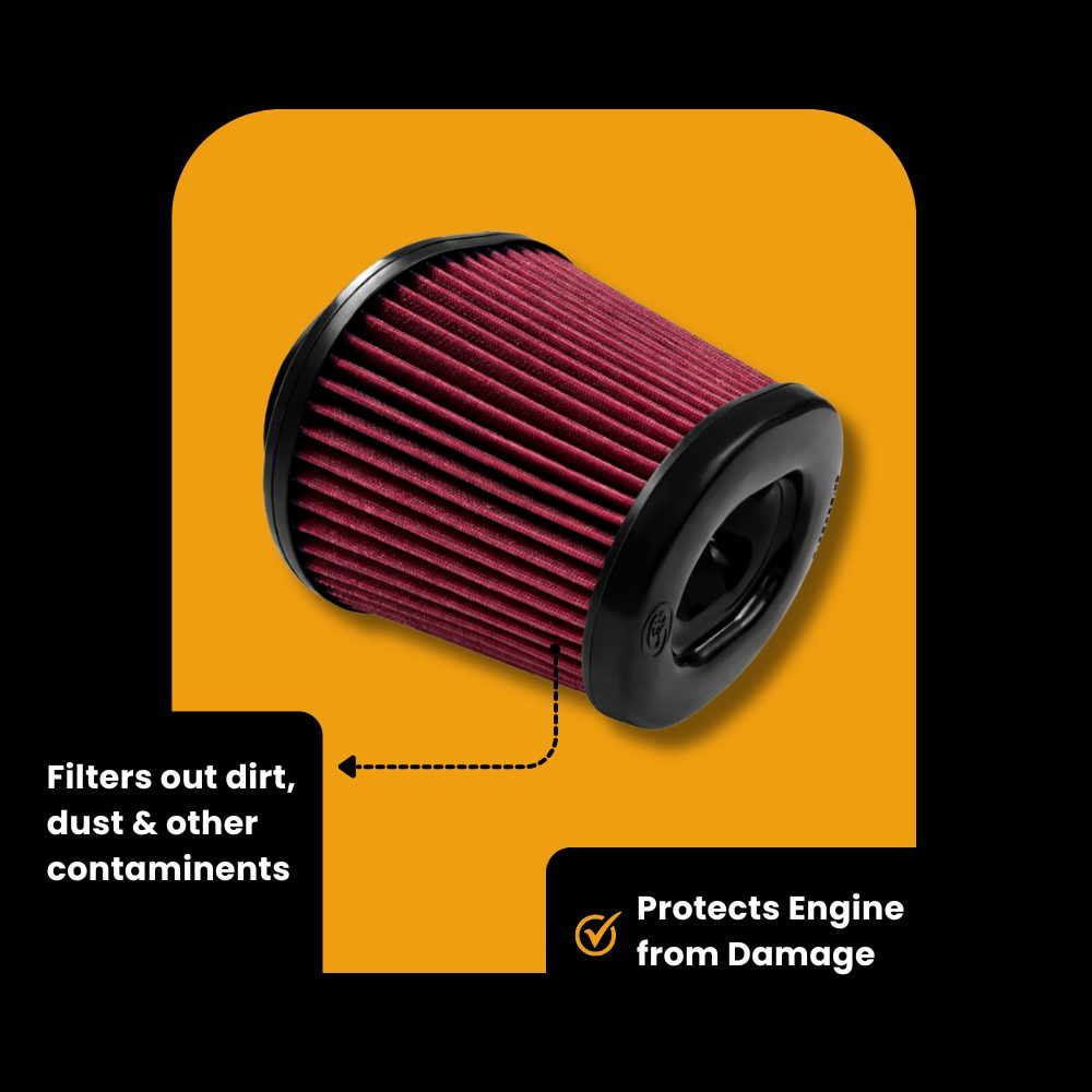 S&B cold air intake system installed on Ford 6.4L Powerstroke diesel engine, showing intake components and routing.