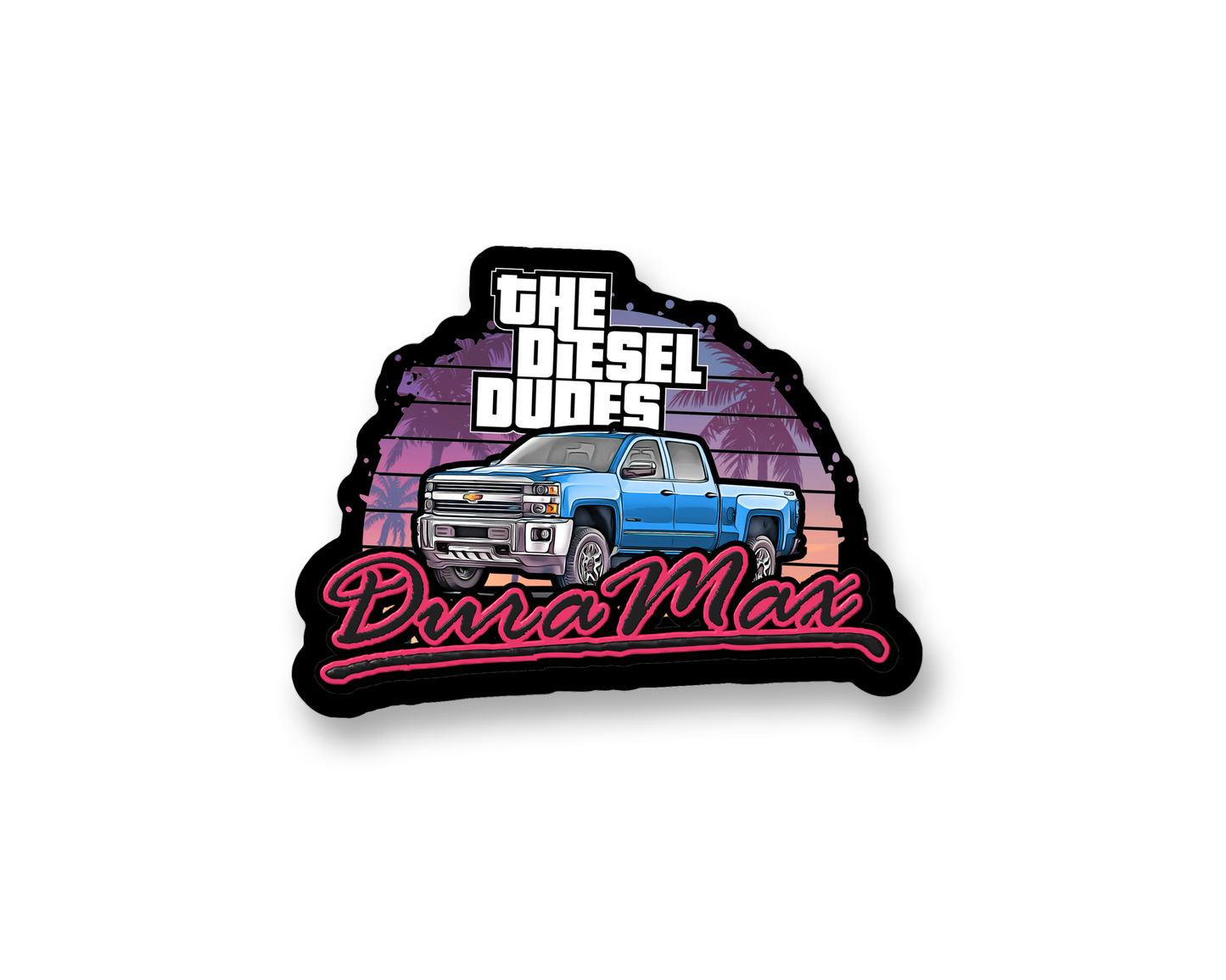 Diesel Dudes Duramax GTA truck sticker featuring bold lettering and automotive graphics for vehicle customization.