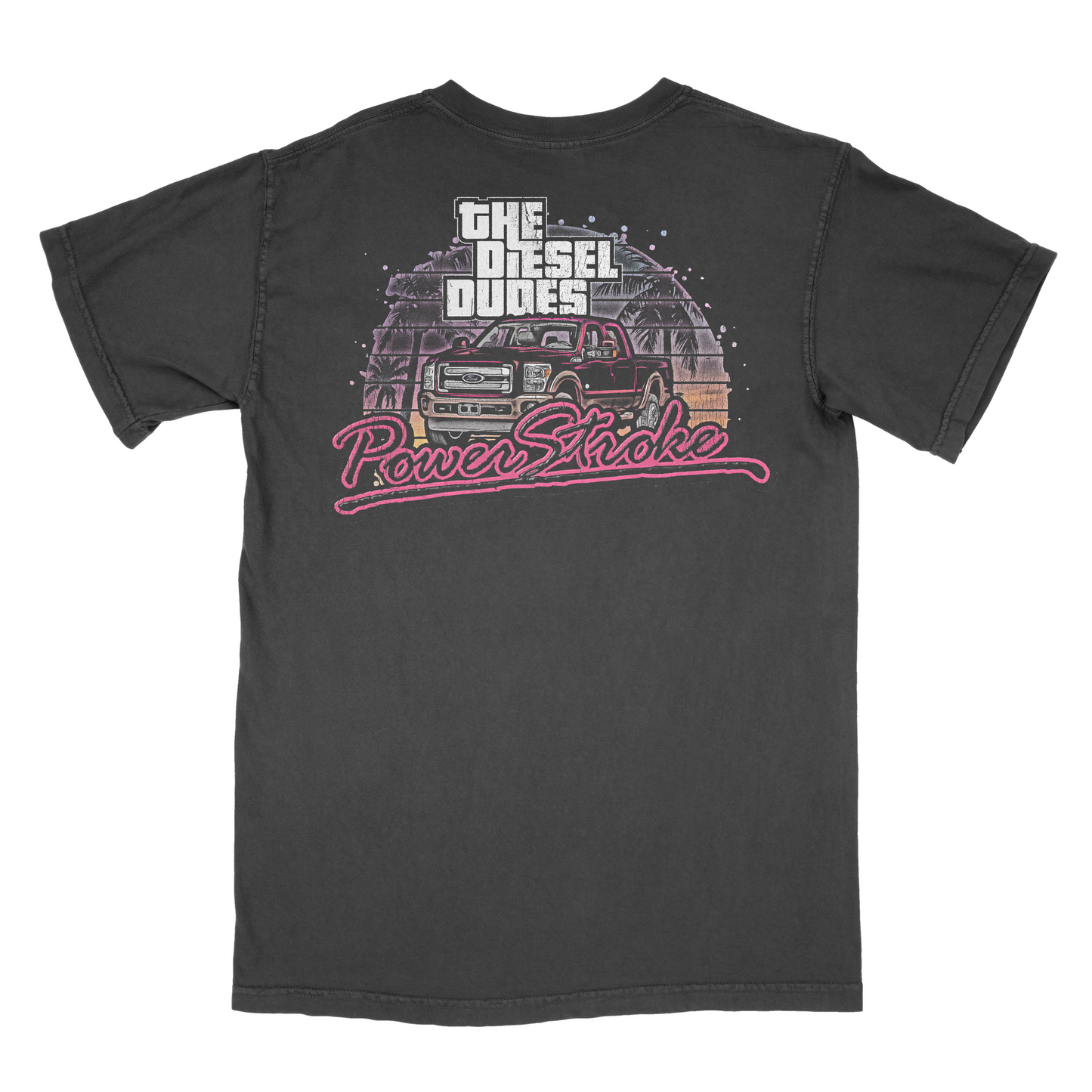 Back view of black GTA Diesel Dudes Powerstroke truck graphic t-shirt on model.