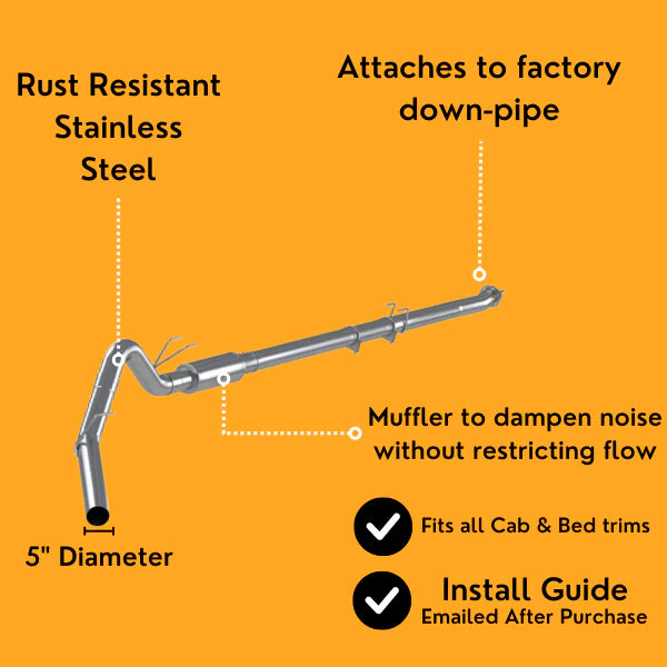 Polished stainless steel 5" exhaust DPF delete pipe for Ford 6.7L Powerstroke diesel engines 2020-2022.