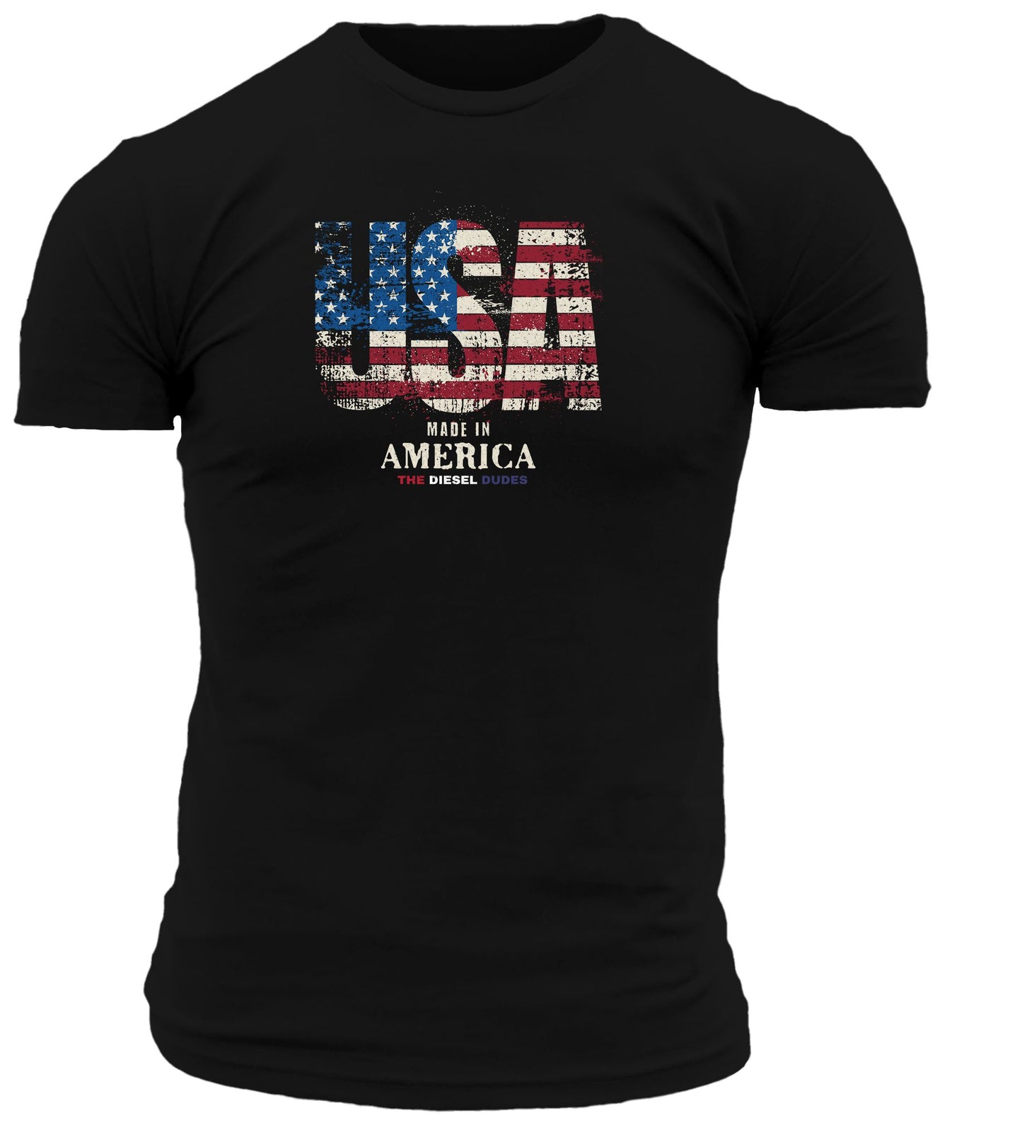 Made In USA Flag T-shirt in navy blue with patriotic red and white flag design, front view.