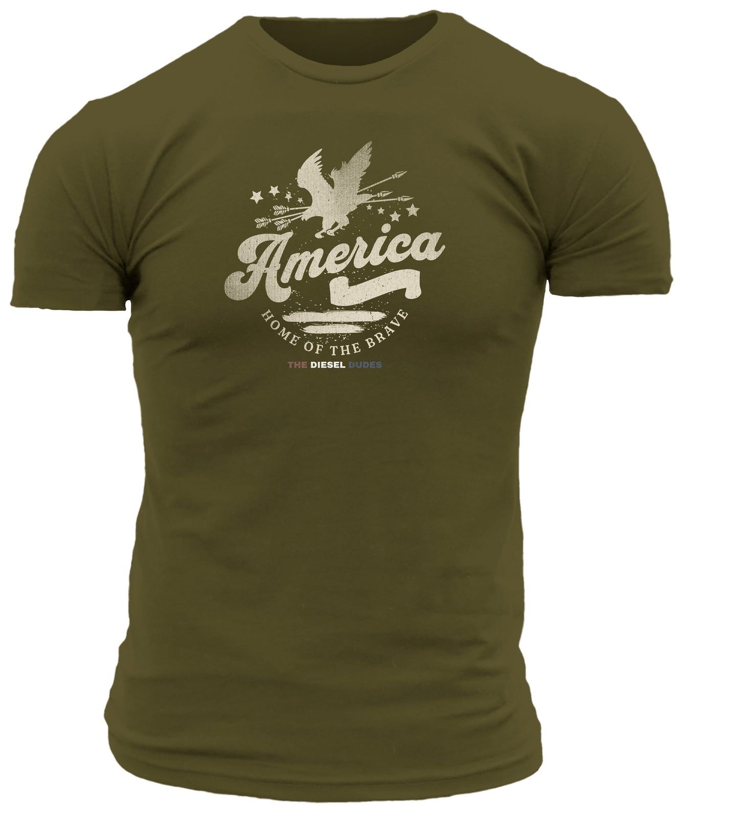 Green t-shirt with "America Home Of The Brave" text design, patriotic July 4th apparel by SunFrog Solutions.