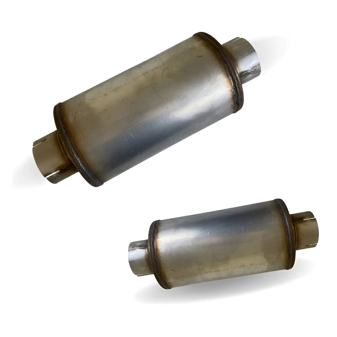 Universal 4" Optimal Flow diesel muffler in black T409 stainless steel for Duramax, Powerstroke, and EcoDiesel engines.