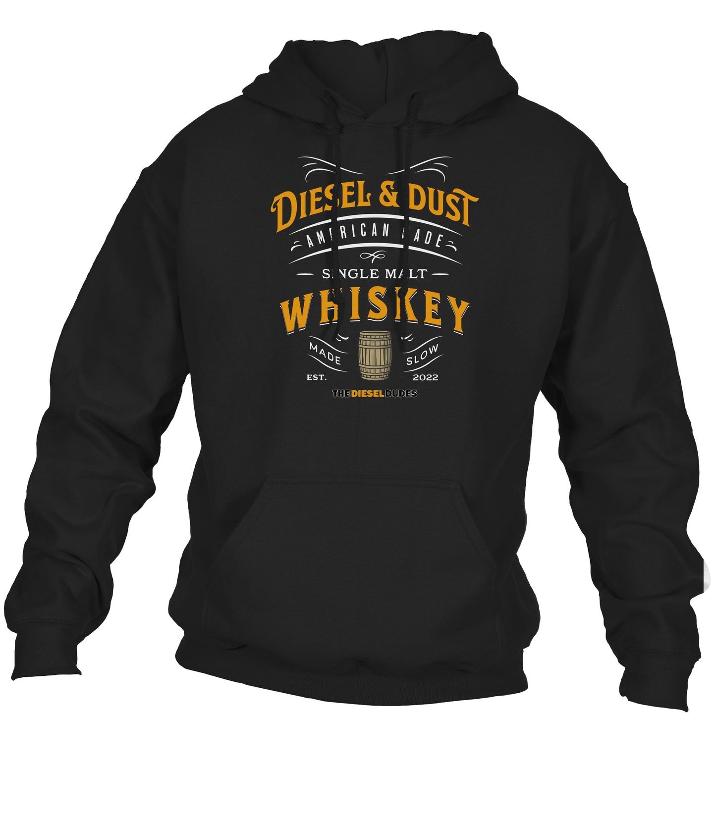 Black hoodie featuring Diesel And Dust Whiskey logo and branding on front chest area.