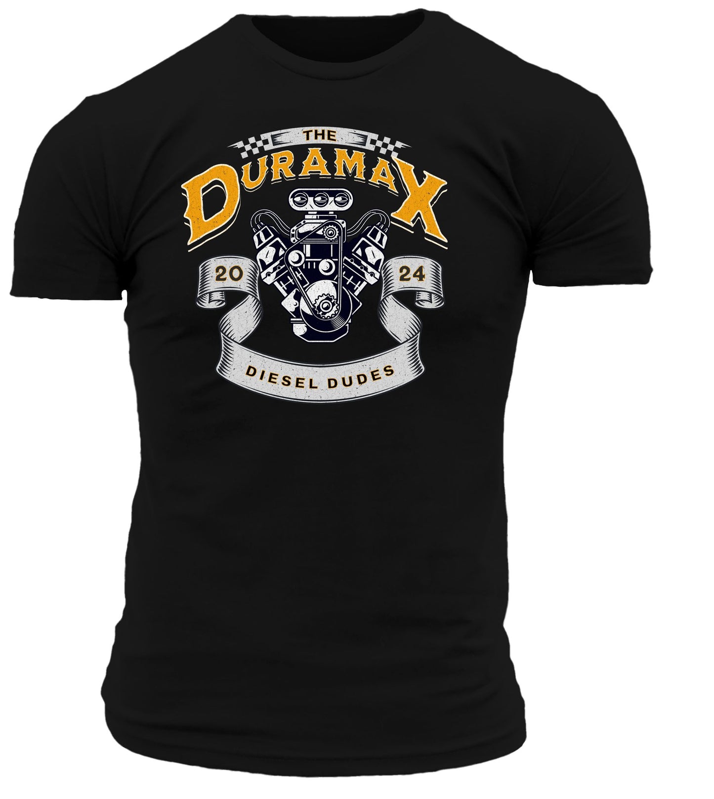 Black Duramax Engine T-Shirt featuring detailed engine graphic design on front chest area.