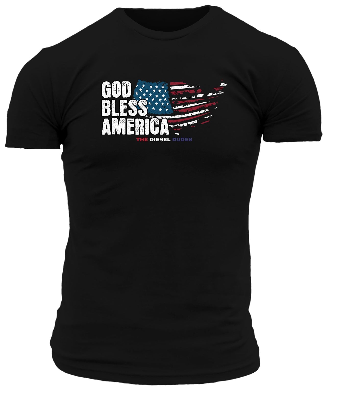 Black crew neck t-shirt with "God Bless America" text design, patriotic July Fourth apparel by SunFrog Solutions.