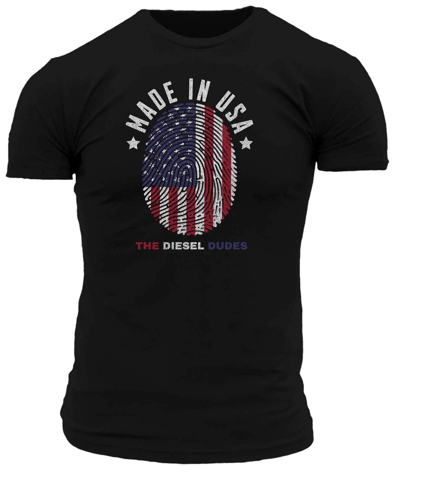 Navy blue t-shirt with bold white "I Am Made In The USA" text printed across the chest.