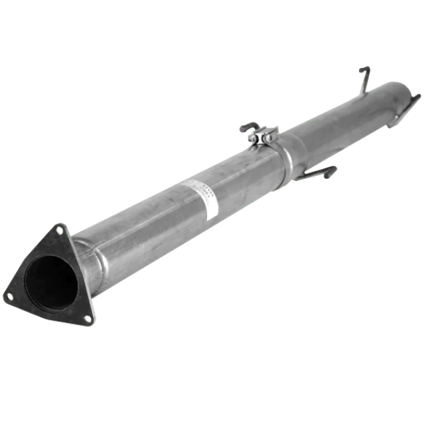 Polished stainless steel DPF/CAT delete pipe for Nissan Titan 5.0L Cummins diesel engine exhaust system.