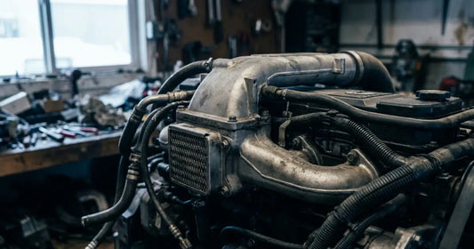 Close on the intake manifold and grid heater area of a 6.7-litre Cummins INLINE-SIX turbo diesel, cold morning light in a workshop