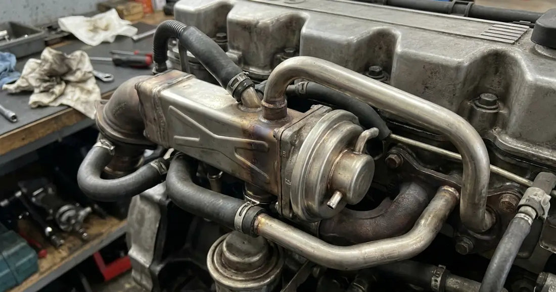 EGR cooler, valve and coolant hoses on a diesel engine resting on a workbench, shop rags and a wrench behind