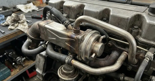 EGR cooler, valve and coolant hoses on a diesel engine resting on a workbench, shop rags and a wrench behind