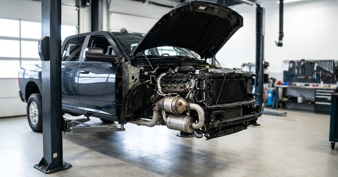 A Ram heavy-duty pickup on a workshop lift, hood up, 6.7-litre Cummins INLINE-SIX turbo diesel and the exhaust aftertreatment section both visible