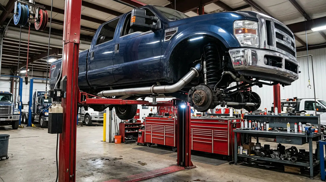 2008-2010 Ford F-350 6.4L Powerstroke on a shop lift with a 5-inch DPF delete pipe installed for off-road use