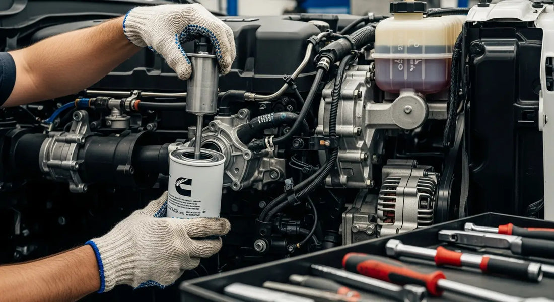 Close-up of 6.7 Cummins diesel engine fuel filter replacement procedure on truck undercarriage