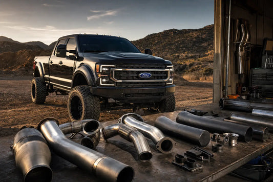 6.7 Powerstroke delete kit components including DPF delete pipe and EGR block-off plates laid out next to a Ford F-350 Super Duty for an off-road competition build