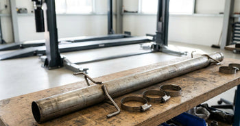 A long straight exhaust pipe with hanger rods lies on a worn wooden workbench beside hose clamps, empty vehicle lifts behind.
