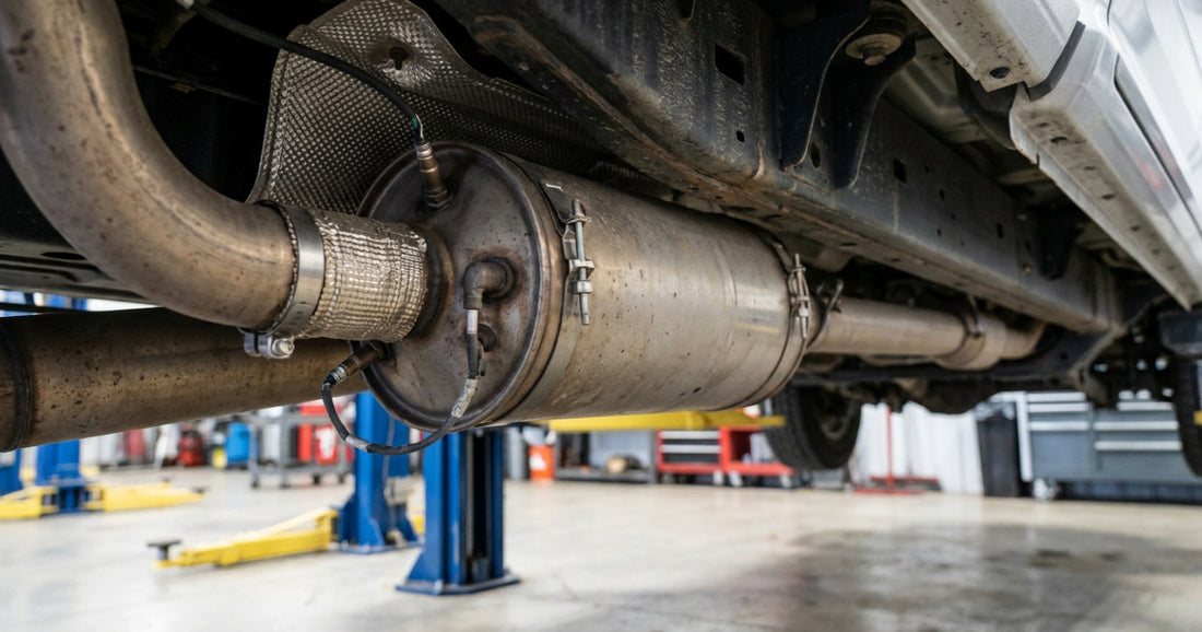 The diesel particulate filter section of a heavy-duty pickup exhaust system, seen from underneath on a lift: the large canister in the exhaust run, heat shielding, sensor fittings and clamps