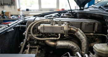 EGR cooler and braided coolant lines on a 6.7-litre Cummins inline-six, hood raised in a workshop bay