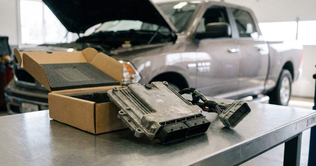 Scuffed engine control module and wiring plug on a metal bench by a foam-lined box, a gray pickup behind with its hood up.