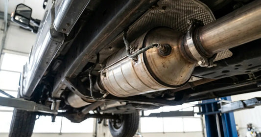 Heat-shielded exhaust and diesel particulate filter under a pickup on a two-post workshop lift, tow mirror visible above