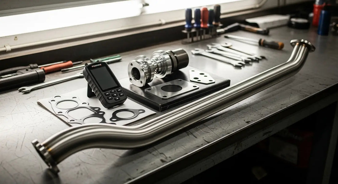 Photorealistic scene in a professional diesel shop: complete delete kit bundle spread on a shop workbench — tuner, EG...