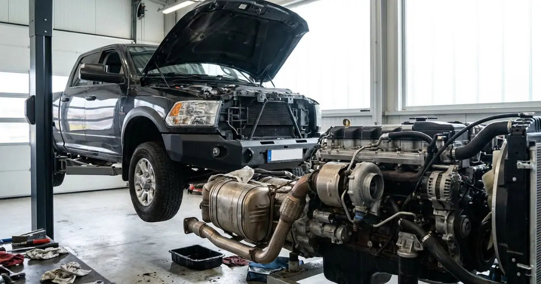 A Ram heavy-duty pickup on a workshop lift, hood up, 6.7-litre Cummins INLINE-SIX turbo diesel and the exhaust aftertreatment section both visible