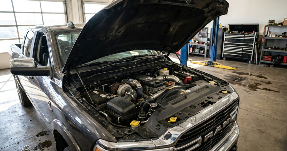 A Ram heavy-duty pickup with the hood raised in a service bay, showing the 6.7-litre Cummins inline-six turbo diesel with its turbocharger and intercooler piping