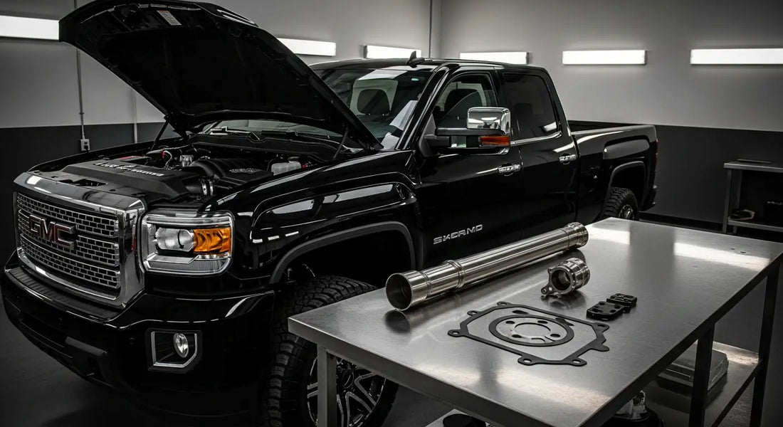 2017-2023 L5P Duramax 6.6L engine bay with EGR delete kit and 5-inch DPF delete exhaust components laid out on workshop bench