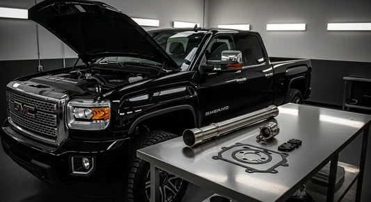 2017-2023 L5P Duramax 6.6L engine bay with EGR delete kit and 5-inch DPF delete exhaust components laid out on workshop bench