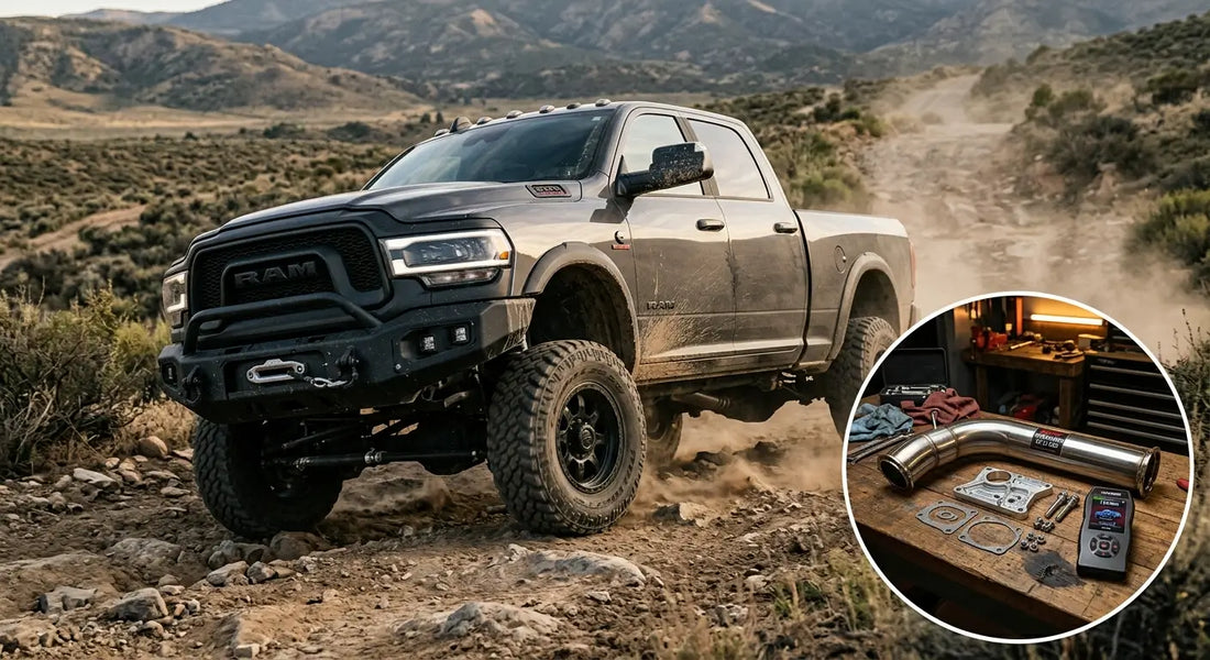 Diesel delete kit components — stainless DPF delete pipe, EGR block-off plates, and delete tuner — laid out beside a heavy-duty diesel pickup truck