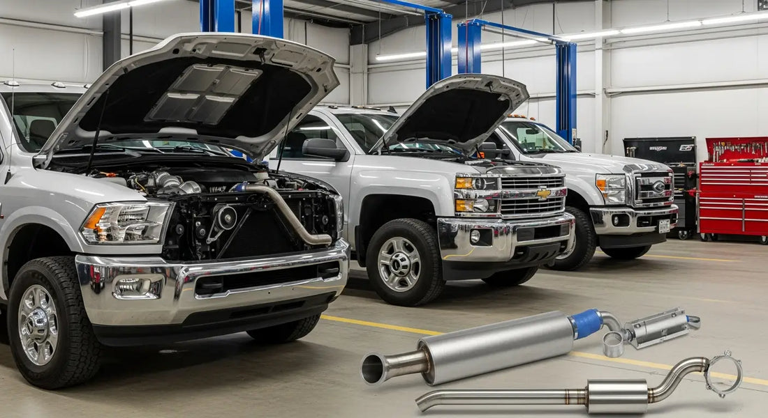 Side-by-side comparison of Ram 6.7L Cummins, Chevy Duramax L5P, and Ford 6.7L Powerstroke trucks with full delete kit components visible including EGR block-off plates and 5-inch stainless DPF delete pipe in a diesel performance shop