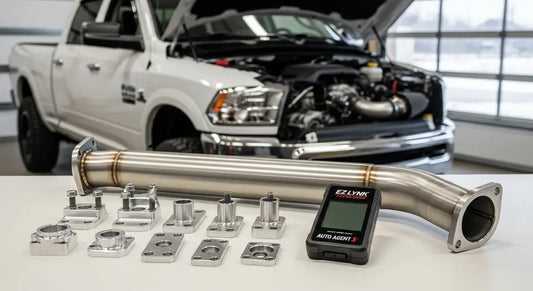 Full diesel delete bundle for 6.7L Cummins including stainless 5-inch DPF delete pipe, billet EGR delete kit, and EZ Lynk Auto Agent 3 tuner — top-rated delete kit components for Canadian Ram and diesel truck owners