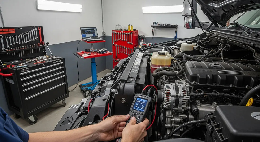 Modified 6.7 Cummins diesel engine with tuner module installed for enhanced power and fuel efficiency.