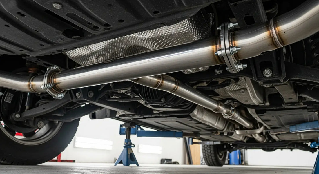4-inch stainless DPF delete pipe installed on a 2013-2018 Ram 2500 6.7L Cummins, replacing factory DPF and CAT assembly, workshop garage setting