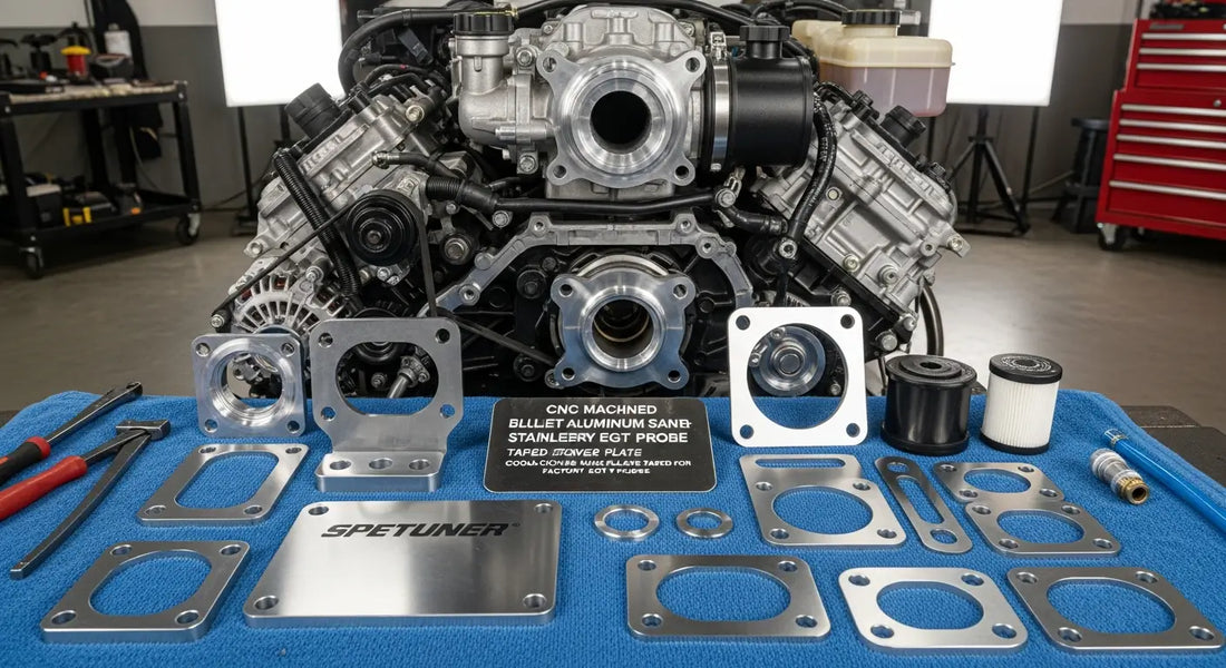 6.7L Powerstroke engine bay with EGR delete kit billet aluminum block-off plates laid out on a shop towel alongside the EGR cooler and valve during removal — 2011-2025 Ford diesel delete install.