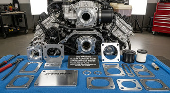 6.7L Powerstroke engine bay with EGR delete kit billet aluminum block-off plates laid out on a shop towel alongside the EGR cooler and valve during removal — 2011-2025 Ford diesel delete install.