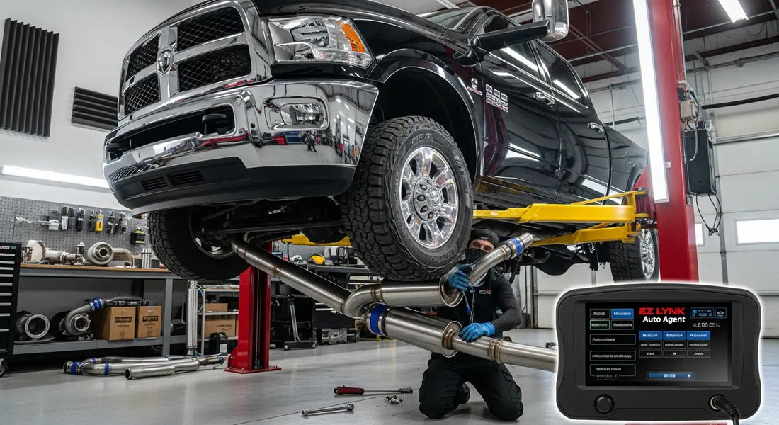 6.7L Cummins Ram 2500 on a shop lift during EGR DPF delete kit installation — 4-inch stainless delete pipe replacing factory DPF assembly with EZ Lynk Auto Agent 3 tuner connected via OBD-II port
