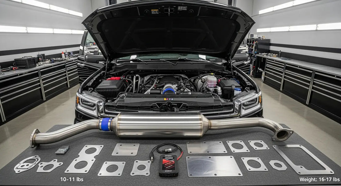 2017-2023 GM Chevy Duramax L5P 6.6L engine with EGR delete block-off plates and 5-inch stainless steel DPF delete downpipe laid out on a professional diesel shop workbench