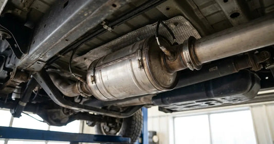 Diesel particulate filter canister and exhaust sensor seen from underneath a pickup raised on a two-post workshop lift