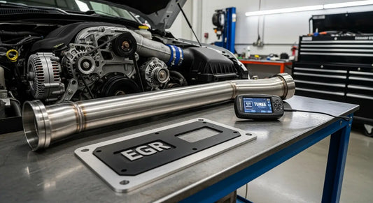 EGR delete kit, 5-inch DPF delete pipe, and OBD-II handheld tuner for a 6.7L Cummins diesel laid out on a workshop bench next to a Ram 2500 — full delete bundle components for 2013-2021 Ram Cummins