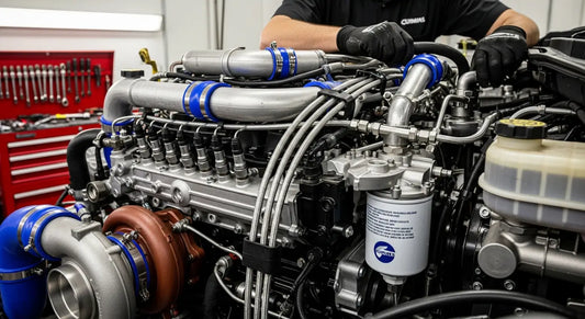 Diesel truck engine bay showing turbocharger and fuel injectors during routine maintenance inspection.