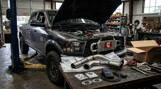 6.7 Cummins delete kit components including DPF delete pipe, EGR block-off plates, and tuner device laid out next to a Ram 2500 in a workshop