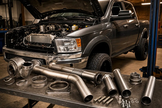 6.7 Cummins DPF delete kit components including delete pipe and EGR block-off hardware laid out in front of a Ram 2500 in a diesel performance shop