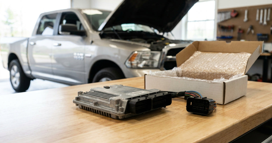 Engine control module and wiring plug on a wooden bench by a box of bubble wrap, a silver pickup behind with its hood up.