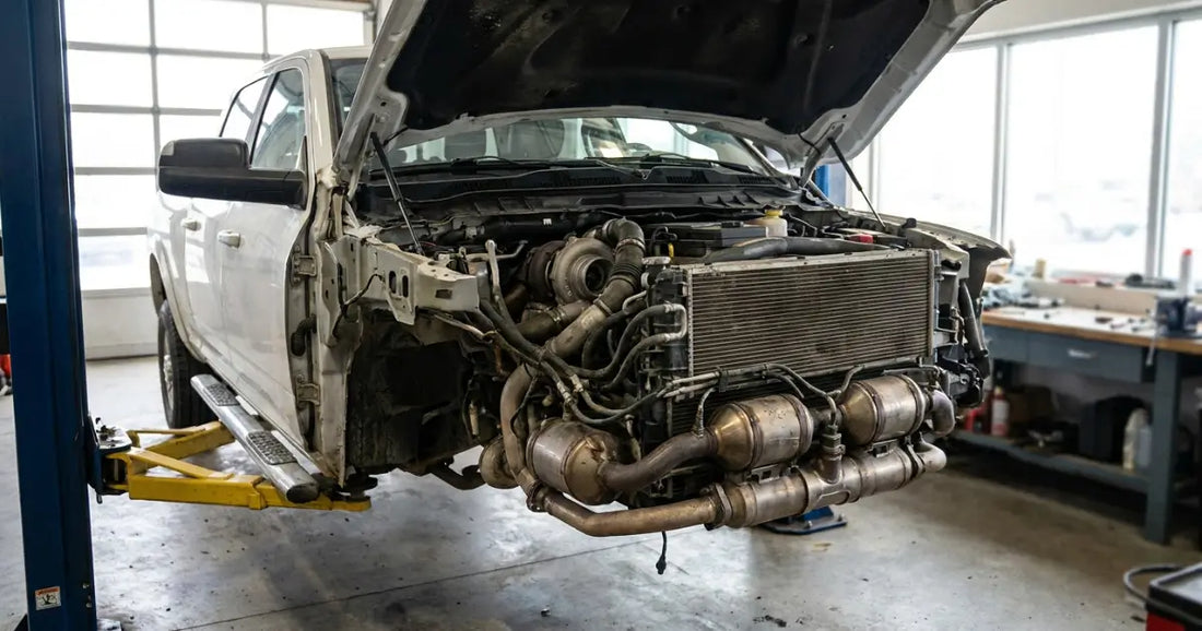 A Ram heavy-duty pickup on a workshop lift, hood up, 6.7-litre Cummins INLINE-SIX turbo diesel and the exhaust aftertreatment section both visible
