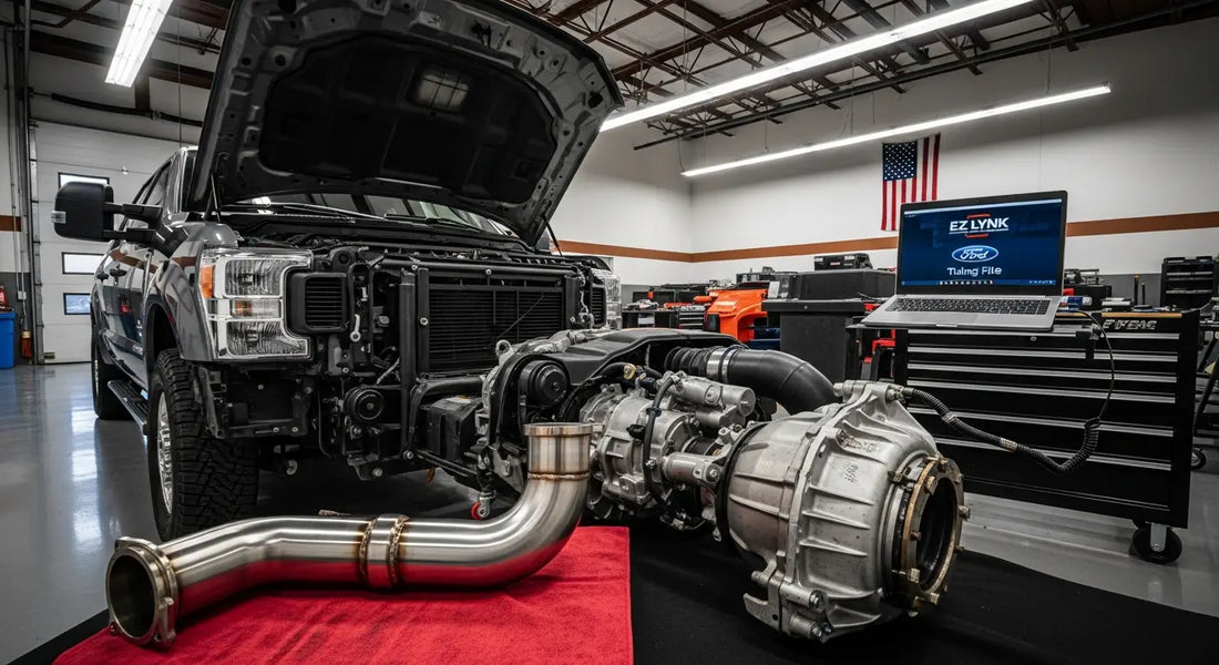 Modified 6.7 Powerstroke diesel engine with removed DPF system component displayed in workshop