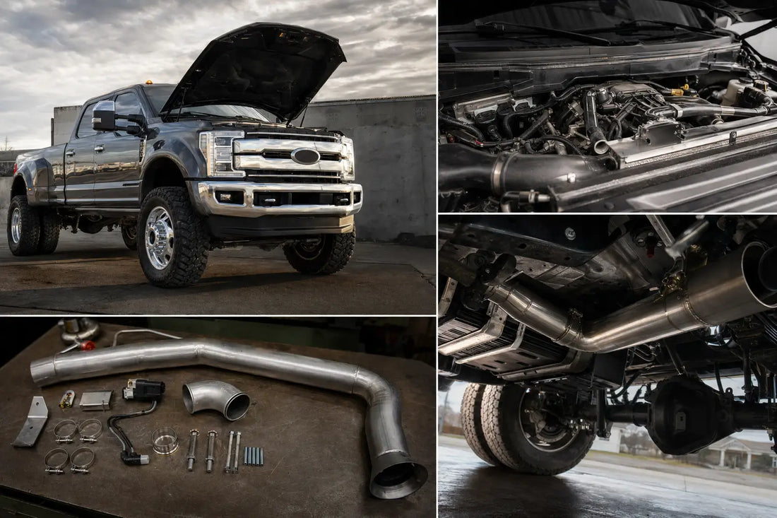 Ford 6.7 Powerstroke engine bay with DPF delete pipe installed — Ford diesel delete kit from The Diesel Dudes
