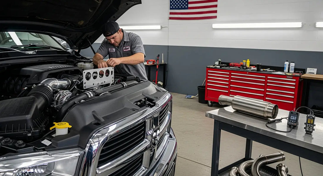 6.7L Cummins EGR delete kit installation on a 2018 Ram 2500 in a diesel performance shop, showing billet block-off plate, 5-inch DPF delete pipe, and OBD-II tuner device