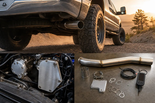 Diesel pickup truck with aftermarket EGR delete and DPF delete exhaust on off-road trail