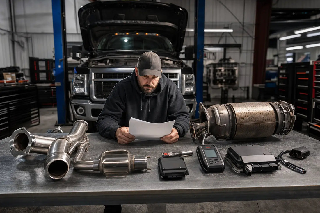Diesel delete kit components and pricing paperwork on a professional mechanics workbench with EGR and DPF delete pipes